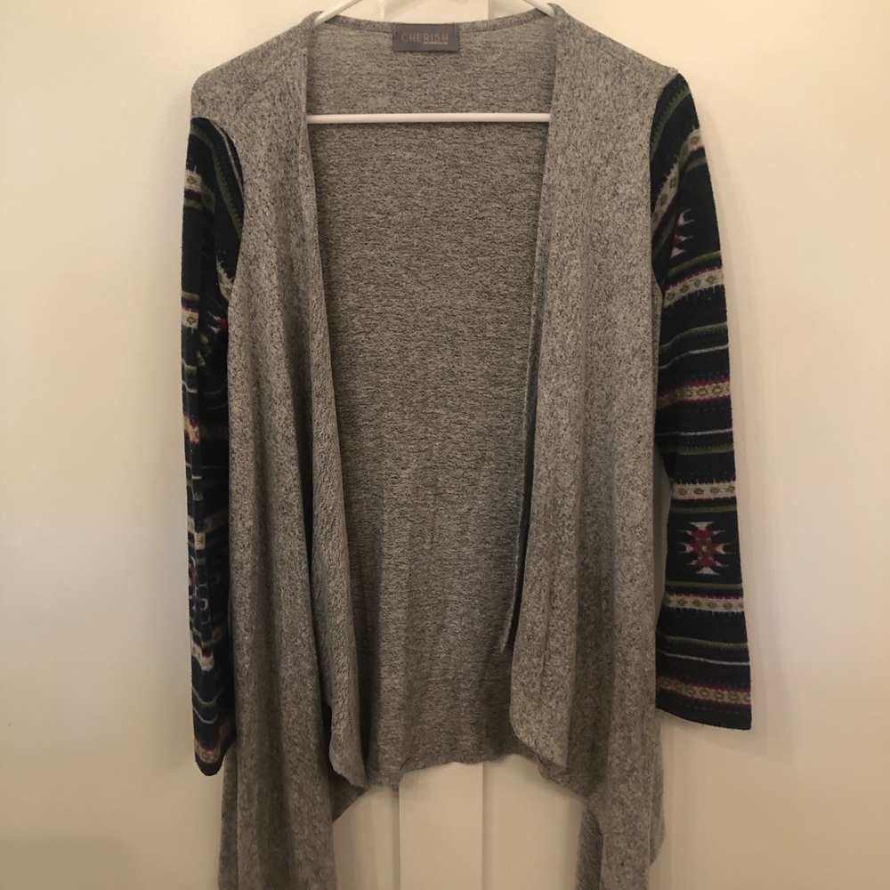 Heather Gray Cardigan with Designed Sleeves